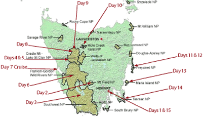 Hiking Highlights of Tasmania Map